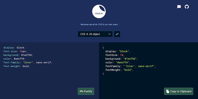 An interface containing vanilla CSS on the left, and JS object style CSS on the right. A dropdown allows changing the CSS style.