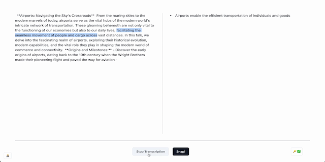 An interface containing a transcript with highlighted segments on the left, and summaries of the highlighted segments on the right.